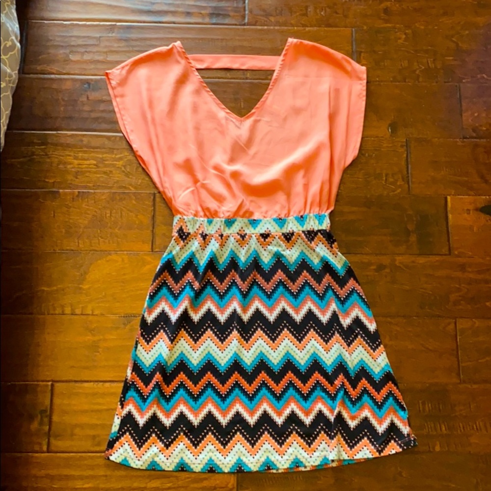 Coral and patterned dress